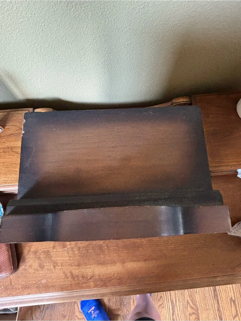 Antique wood jewelry box with drawers and metal hardware